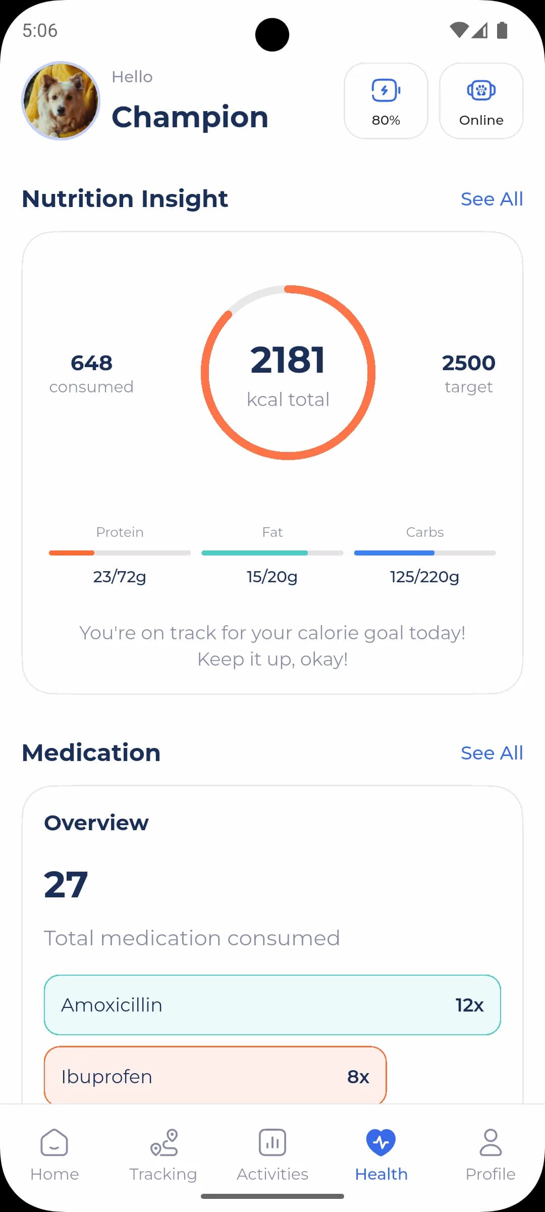 MyPet mobil uygulama sağlık ekranı